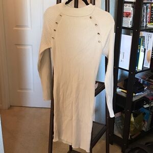 Cream Ribbed Sweater Dress with Button Accents